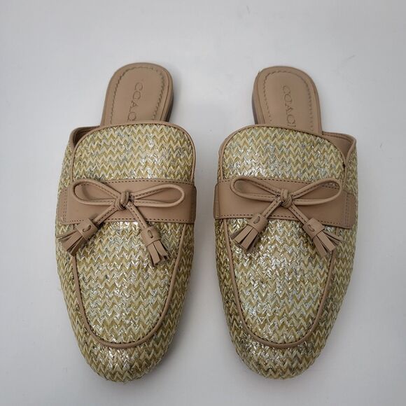 COACH Stassi Raffia Mules Womens 8 Neutral Gold Weave Slip On Tassle Flats - Picture 2 of 10